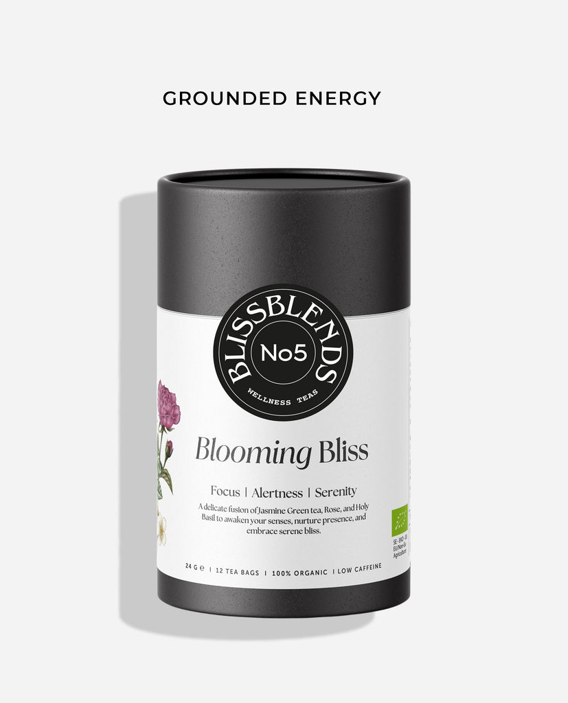 Blooming Bliss organic herbal tea by BlissBlends – Swedish adaptogenic tea for focus, clarity, and grounded calm. Female-founded, ethical, functional wellness brand.