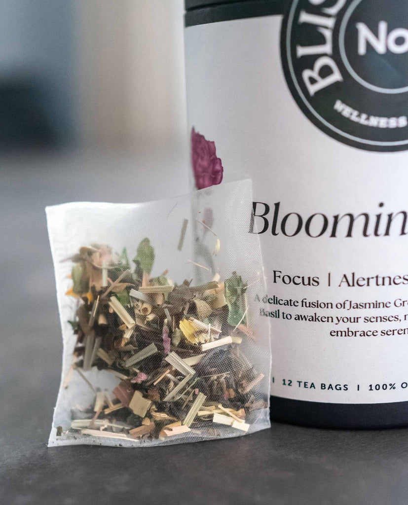 Detail of Blooming Bliss tea bag – adaptogenic herbs for focus and calm. Sustainable, female-led Swedish tea brand with real functional results.