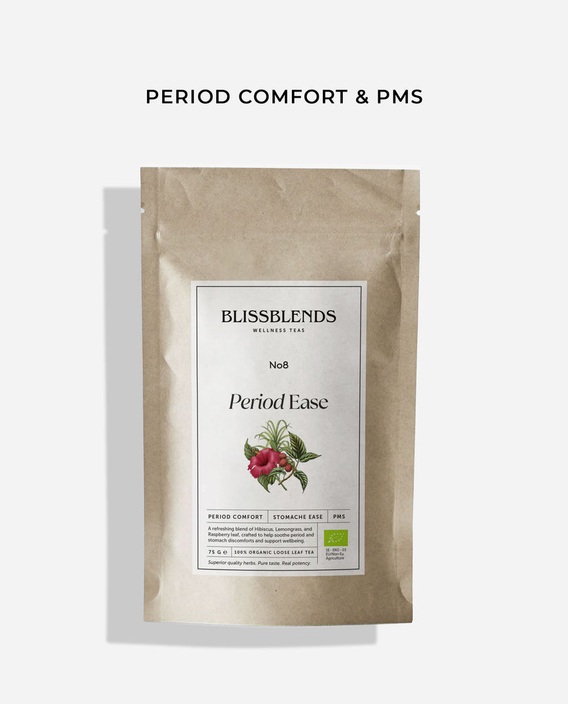 Period Ease No.8 by BlissBlends – loose leaf herbal tea for PMS, digestion, and natural period relief, stomach ease and skin health.