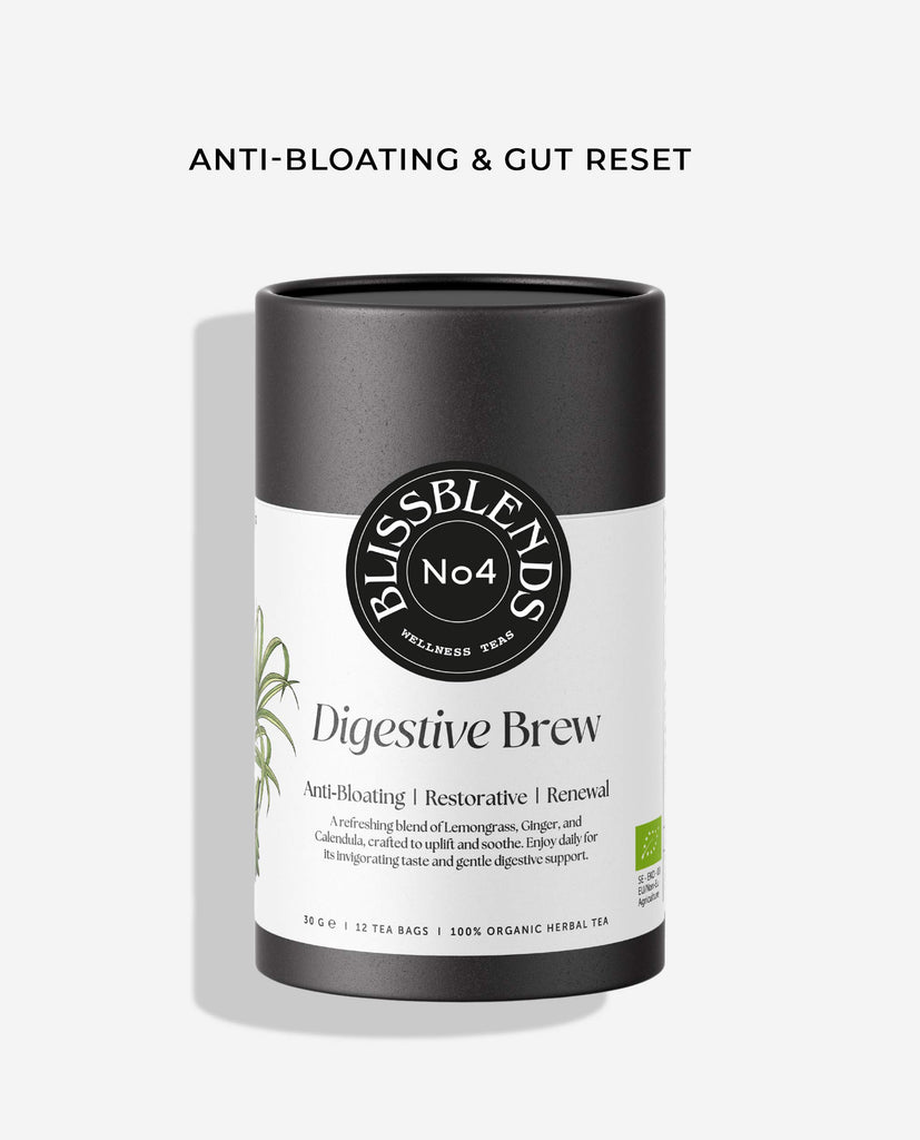 BlissBlends Digestive Brew No.4 anti-bloating herbal tea in black tube packaging. Organic loose leaf tea for gut reset, daily digestion support, and natural bloat relief.