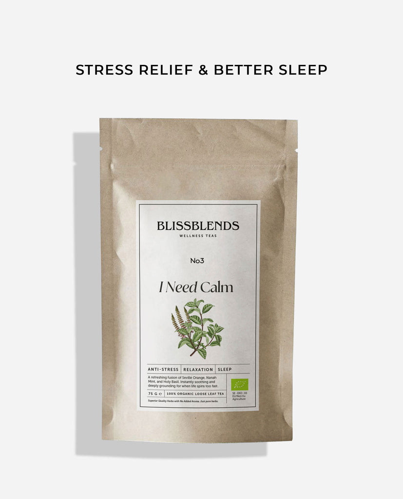 BlissBlends I Need Calm No.3 calming herbal tea in compostable cornstarch teabags, made with holy basil, nanah mint, and bitter orange leaf for stress relief, nervous system support, and better sleep. Adaptogenic blend for all-day calm and evening wind-down.