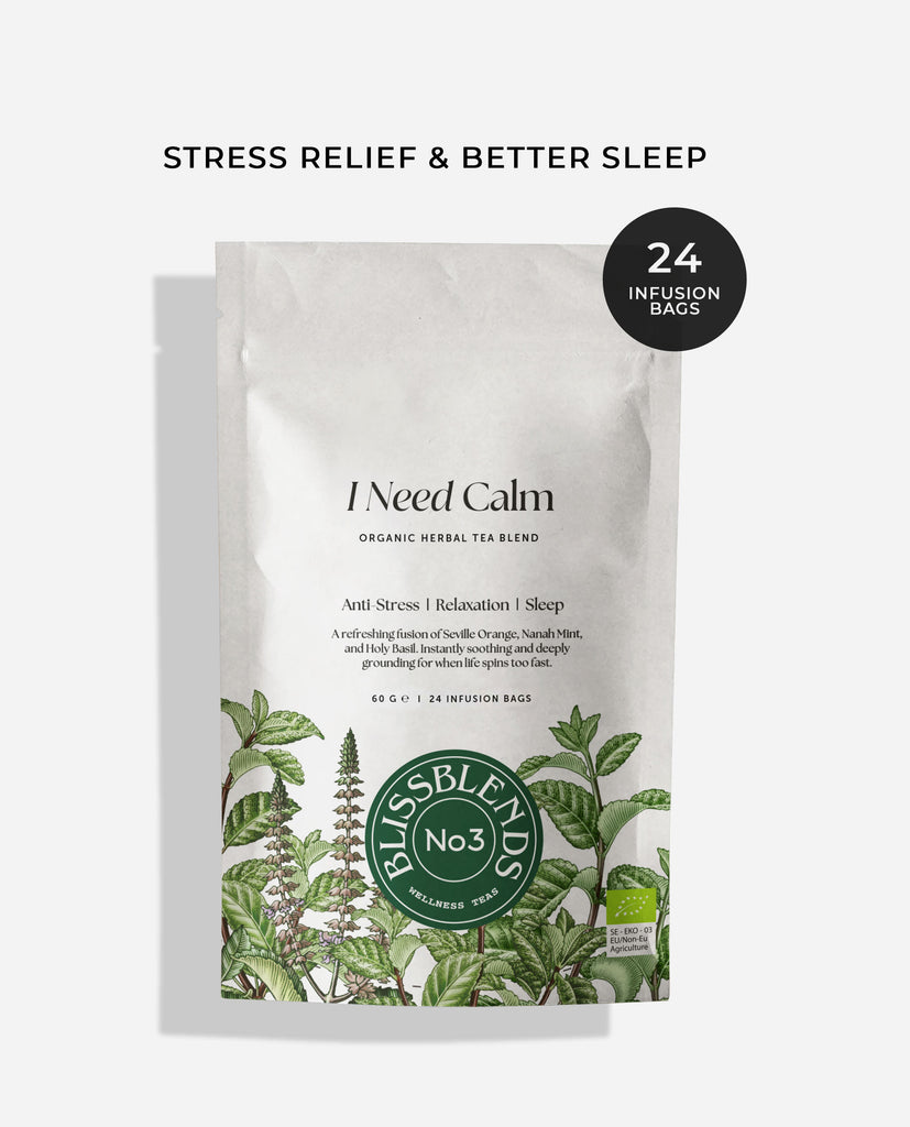 BlissBlends I Need Calm adaptogenic herbal tea with holy basil, bitter orange leaf, and nanah mint – 24 compostable cornstarch tea bags for sleep and nervous system support