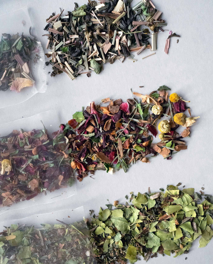 Colorful rows of BlissBlends herbal wellness tea ingredients – hand-blended 100% organic herbal blends for gut health, stress relief, hormonal balance, skin glow, and deep sleep.