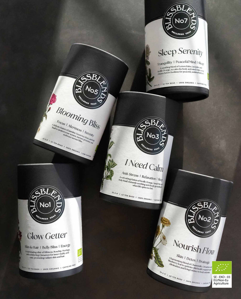 BlissBlends Ultimate Wellness Tea Kit – set of 7 organic herbal tea blends for digestion, gut health, energy, calm, healthy skin, and deep rest. Includes Glow Getter, Nourish Flow, I Need Calm, Blooming Bliss,  Digestive Brew, Sleep Serenity and Great Taste Award winner Metamorphose.

