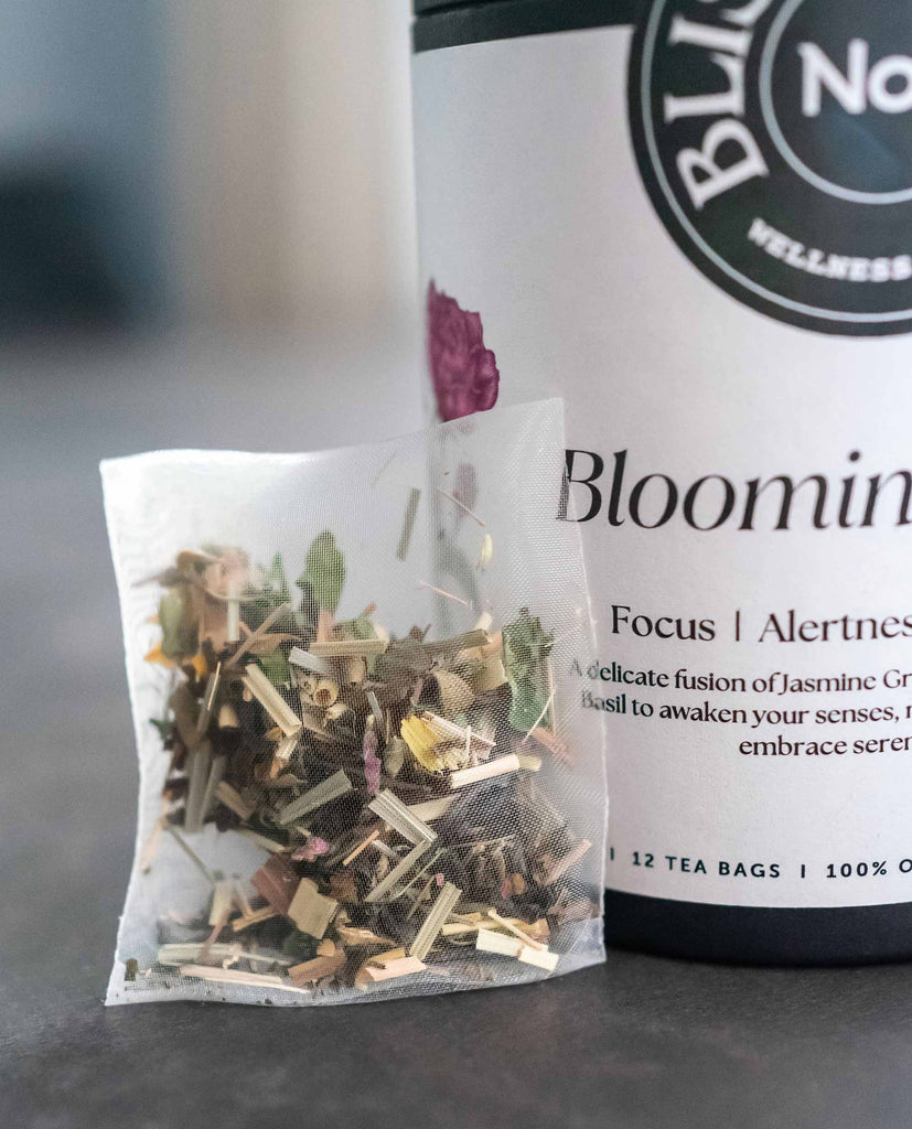 Blooming Bliss No.5 herbal teabag – refreshing blend with calendula, lemongrass, and verbena to support skin from within, bring clarity to mind and emotional uplift the spirit. 