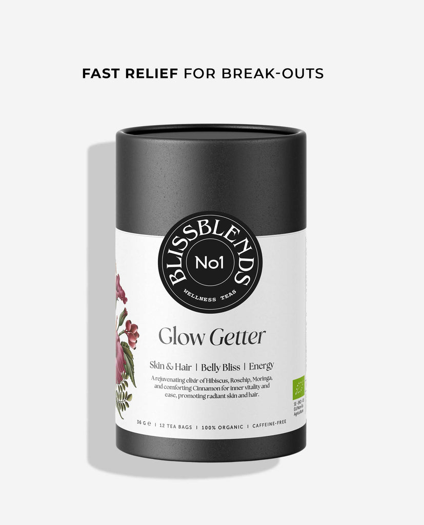 Glow Getter herbal tea by BlissBlends for clear skin and gut health, with hibiscus, nettle, moringa, rosehip, horsetail and cinnamon for natural energy.