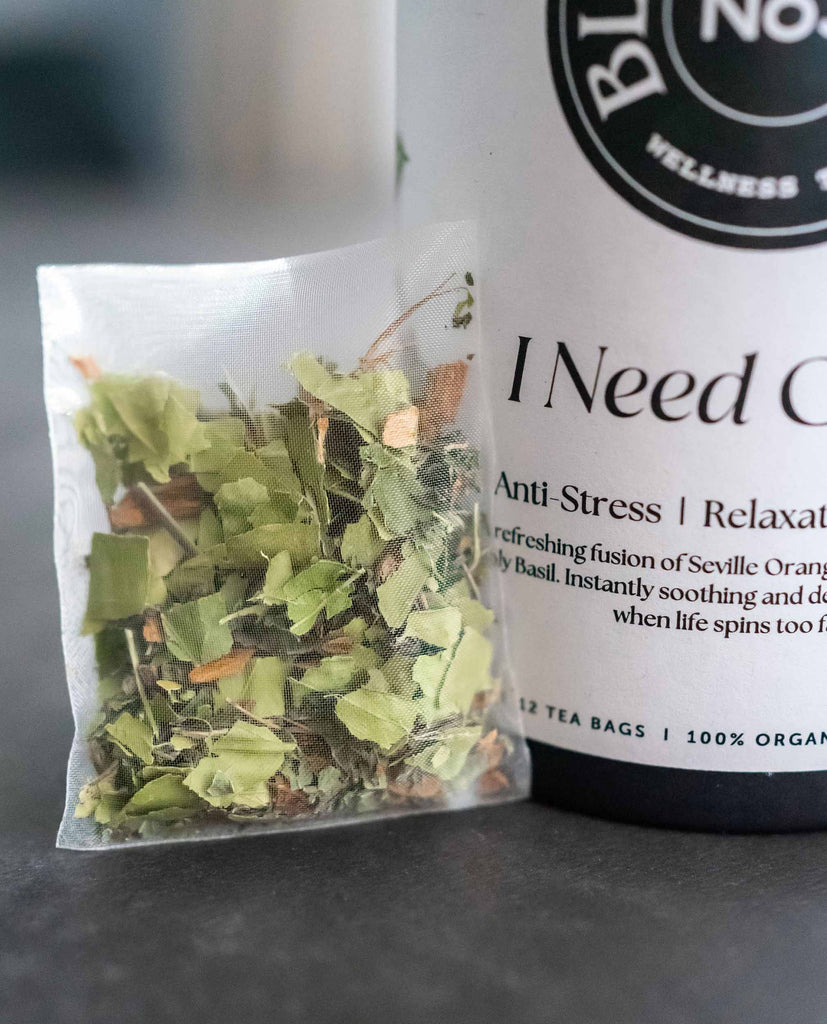 I Need Calm No.3 by BlissBlends – herbal tea bag with holy basil, mint, and bitter orange leaf to calm the nervous system, ease stress and anxiety, and support better sleep—day or night.