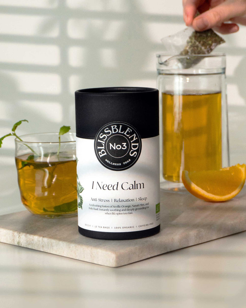 Close-up of I Need Calm No.3 tea bag. Pure organic herbal blend with mint, holy basil, and bitter orange leaf – ideal for stress, sleep, and nervous system support.