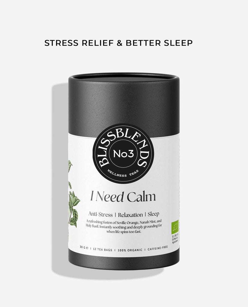 I Need Calm No.3 by BlissBlends – organic herbal tea with holy basil, mint, and bitter orange leaf. Crafted to calm the nervous system, relieve stress and anxiety, and support restful sleep.

