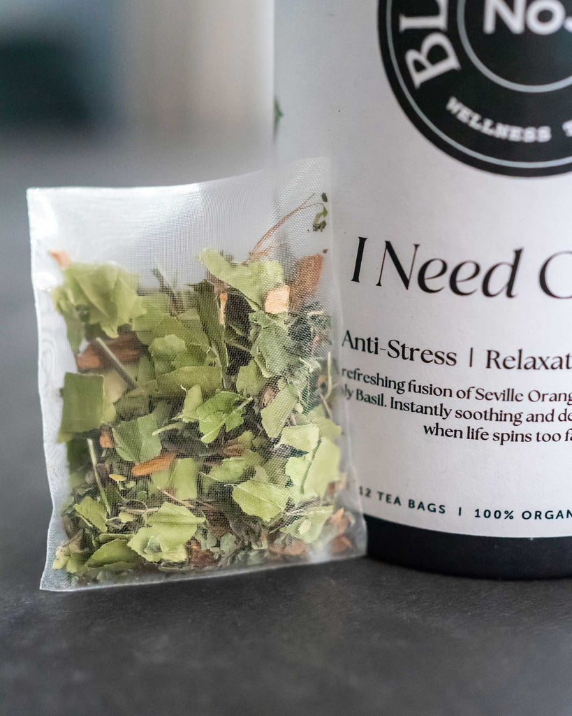 Daytime herbal wellness tea from BlissBlends – I Need Calm No.3 supports inner peace and mental clarity with organic botanicals like holy basil and orange bitter leaves.