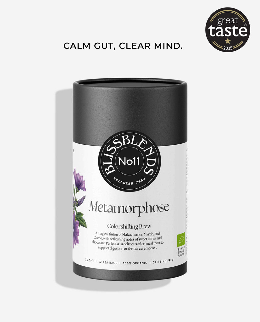 Metamorphose No.11 by BlissBlends – award-winning color-shifting herbal tea for gut and mind support with Malva, cacao, and lemon myrtle – calming, citrusy, and beautiful.