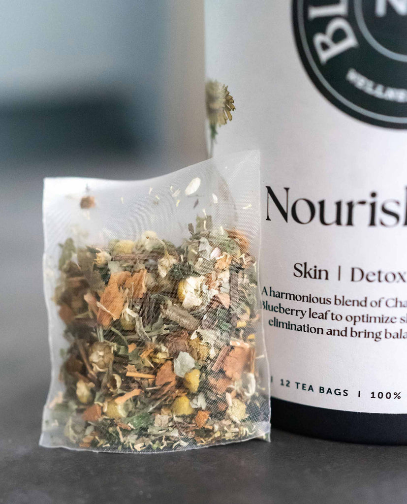 Nourish Flow No.2 by BlissBlends – herbal wellness tea bag with deeply nourishing herbs for skin support from within, water retention relief, and nourishing the feminine body from within. 