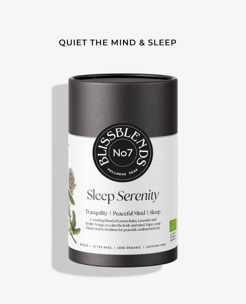BlissBlends Sleep Serenity No.7 calming herbal tea with passionflower, lavender, chamomile, lemon balm, and bitter orange leaf. Crafted to promote restorative sleep, peace of mind, and grief relief using superior organic herbs.

