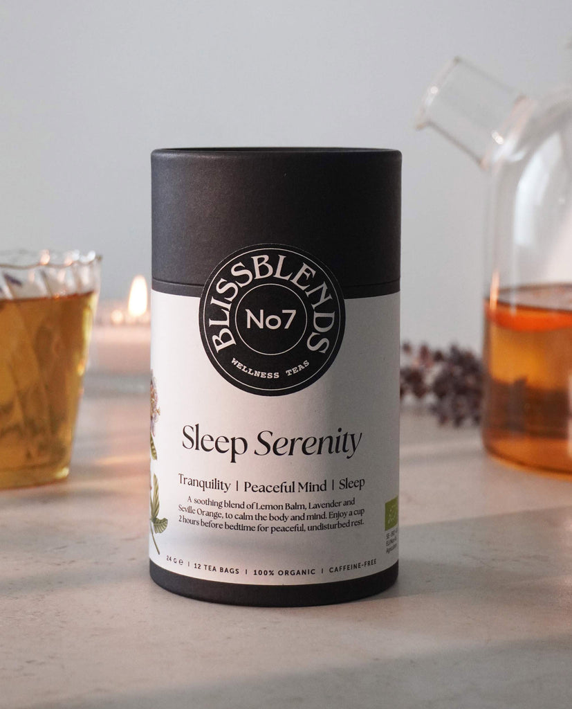 BlissBlends Sleep Serenity No.7 sleep support tea with organic botanicals for restful, deep sleep. Infused with lemon balm, lavender, and orange bitter leaf to quiet the mind and ease tension before bed.