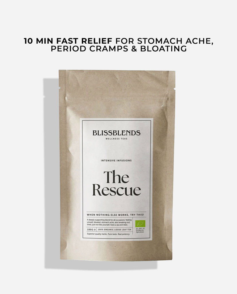 The Rescue herbal tea by Blissblends – natural support for period pain, bloating, problem skin, acne and stomach aches.